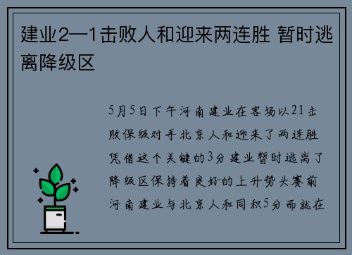 建业2—1击败人和迎来两连胜 暂时逃离降级区